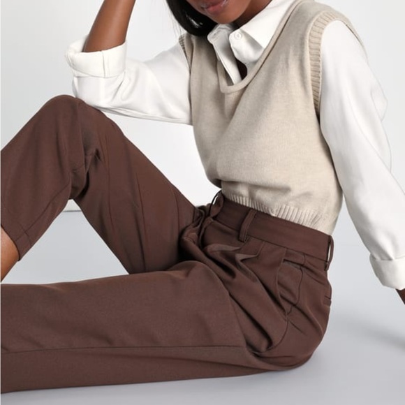 Lulus Pants - Brown Twill High Rise Tapered Trouser Pants (Small)